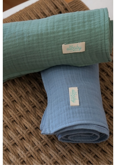 Pamuk 4 Katlı Müslin Örtü Seti 2'li İndigo Mavi ve Çağla Yeşili Mavi Yeşil