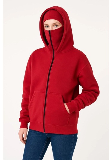 Kadın Samuray Ninja Çift Kapşonlu Zıp Fermuarlı Kanguru Çepli Hoodie Maske Detaylı Swetshirt - Kırmı Kırmızı