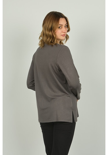 Detay Triko Kadın Suni Deri Detaylı Ve Desenli Uzun Kol Bluz 4553 Gri