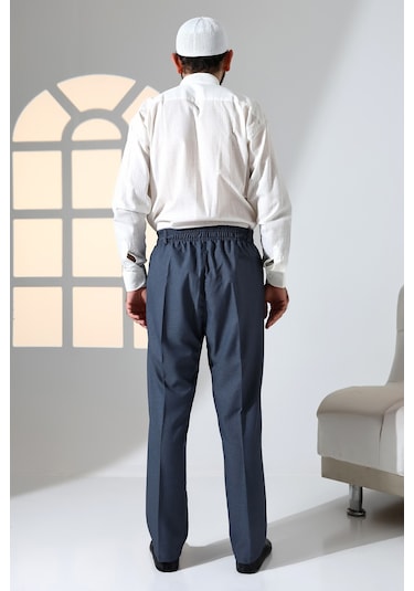 Erkek Rahat Kesim Beli Lastikli Cepli Hac Ve Umre Kumaş Şalvar Pantolon - Mavi İsr Mavi