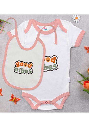 Bk Kids Good Vibes Tasarımlı Pembe Bebek Body Zıbın Ve Mama Önlüğ Çok Renkli