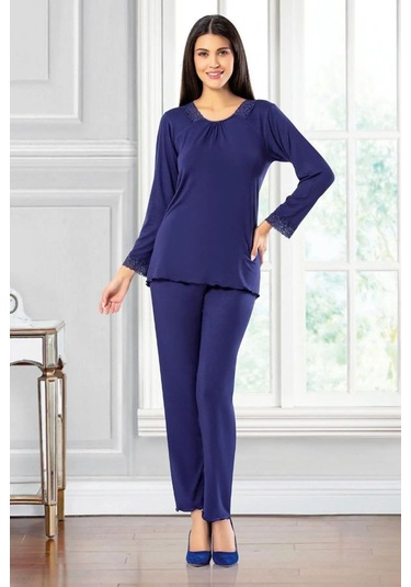Faal 8606 Kadın Uzun Kollu Dantel Detaylı Pijama Takımı-lacivert Lacivert