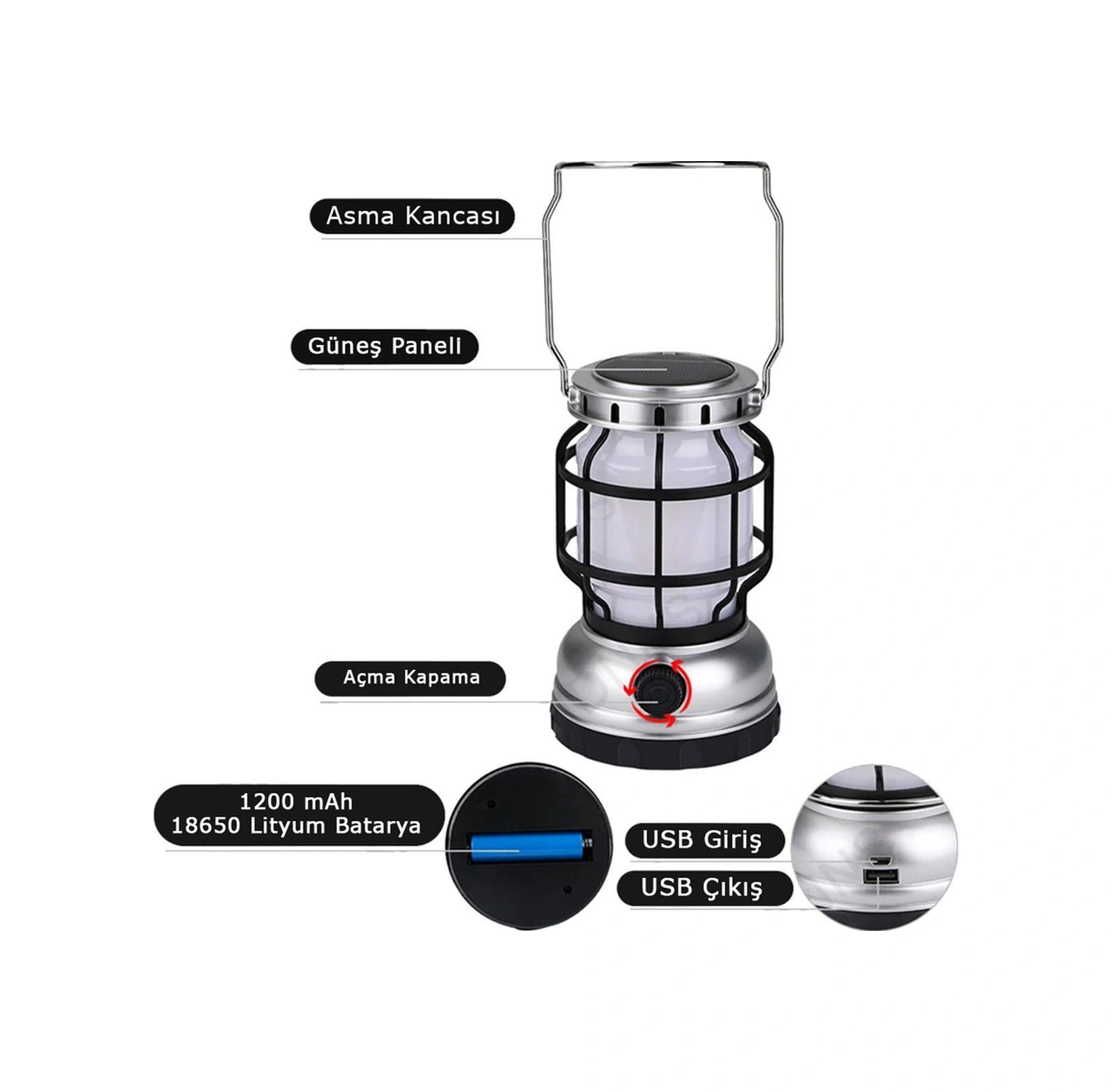 Güneş Enerjili Şarjlı Solar Kamp Lambası Ledli Su Geçirmez Asılabilir El Feneri Powerbank 1200 Mah