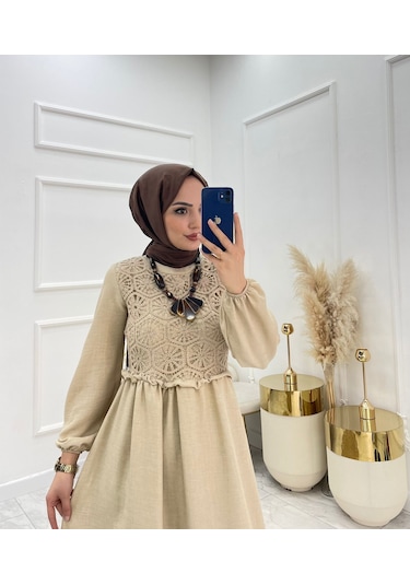 Kadın Melenj Keten Elbise Krem