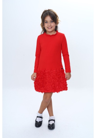 Toontoy Kız Çocuk Yaka Fırfır Etek 3d Güllü Elbise Kırmızı