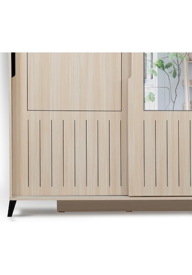 Pasifichome Huga Sürgülü Gardırop Meşe 140Cm / 2 Kapaklı Çekmeceli Dolap