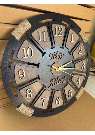 İsim Yazılabilir Ahşap Dekoratif Halatlı Duvar Saati Siyah-ahşap