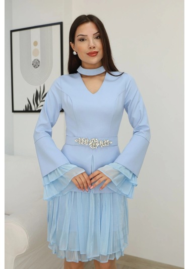 Lodmela Büzgü Detaylı Kemerli Elbise 2338-bebe Mavisi Bebe Mavisi