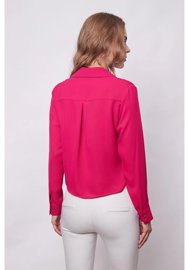 Kadın Likrasız Şık Kumaş Yakalı Uzun Kol Kısa Gömlek-vişne Vişne