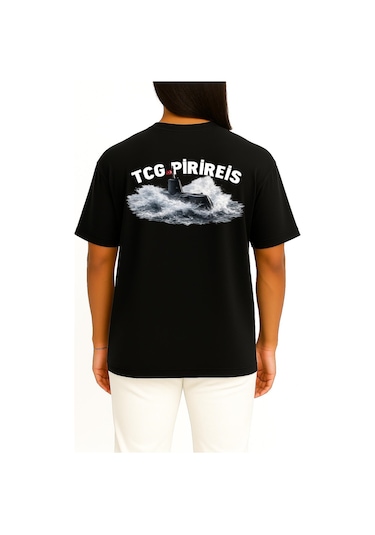 Bahriyeli Collection Oversize Tcg Pirireis Dalgalar Arası Cep Ve Sırt Baskılı Unisex T-shirt Siyah