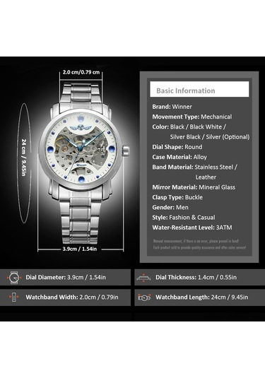 Kazanan 005 İş Adamı Mekanik Saat Zaman Gösterimi Moda Günlük Paslanmaz Çelik Deri Kayış Bilezik 3atm Su Geçirmez Kendinden Sarmalı Erkek Kol Saati Çok Renkli