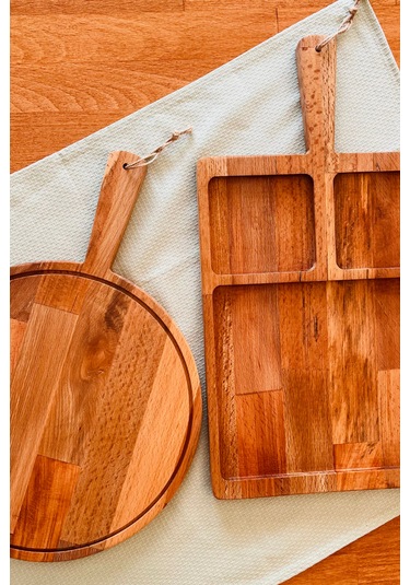 2 Li Doğal Ahşap Saplı Kayın Ağacı Bölmeli Sunum Tabağı 47x26/35