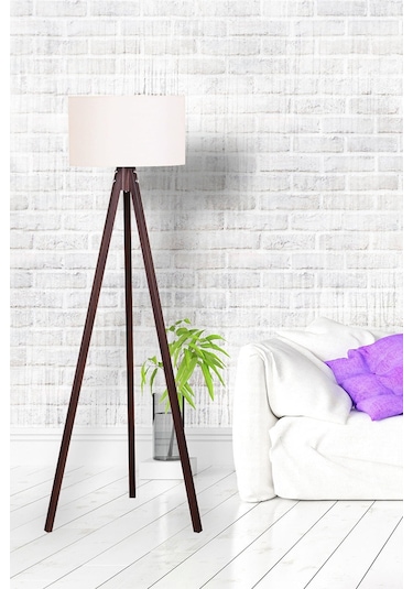 Üç Ayaklı Abajur Krem Kumaş Lambader Kahve Tripod Ayak Ly526