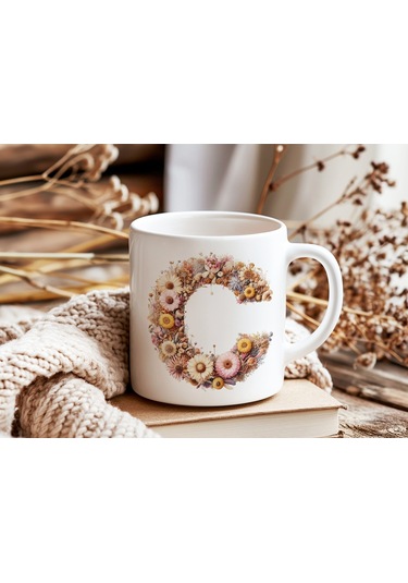 C Harfi Çiçek Desenli Kupa Bardak - Alfabe Harfleri İle Doğal Çiçekli Kupa - Hediye Fikir Beyaz