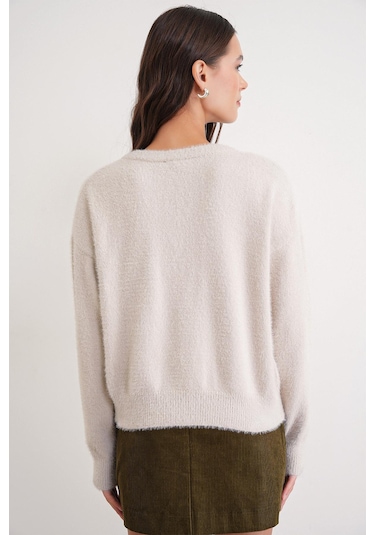 6902 Kadın Sakallı Basic Yumuşak Dokulu Triko Hırka Naturel Naturel