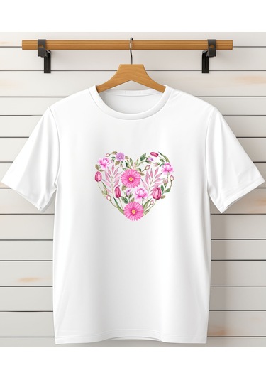 Aselinda Kadın Kalpli Çiçek Baskılı T-shirt Beyaz