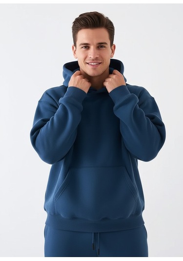 Erkek Mavi Oversize Hoodie Sweatshirt Mavi
