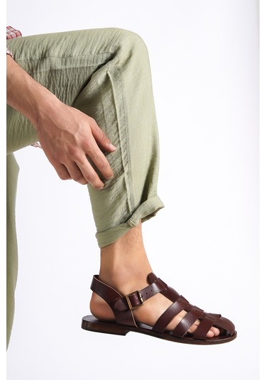 Sur Sandalet El Yapım Kösele Erkek Bodrum Sandalet Kahverengi