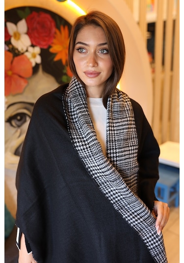 Çift Taraflı Kazayağı Desenli Atkı Omuz Şalı 70x185 CM 1212 Siyah