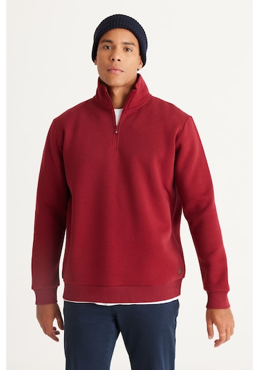 AC&Co / Altınyıldız Classics Standart Fit Normal Kesim İçi Polarlı Bato Yaka Pamuklu Erkek Sweatshirt Bordo