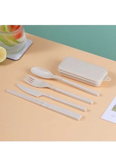 Fastbuy Yeniden Kullanılabilir Seyahat Kamp Beslenme Çantası İçin Kaşık Çatal Set Bej Beyaz Beyaz