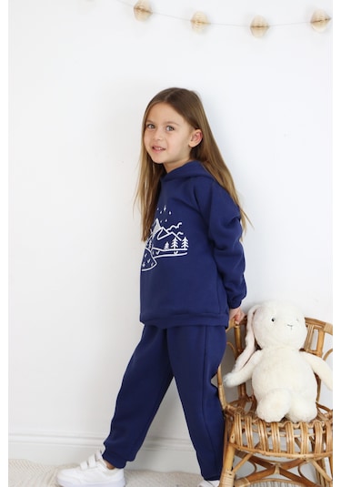 3 İp Baskılı Kapüşonlu Şardonlu İkili Takım Lacivert