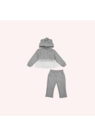 Kız Çocuk Kulak Detaylı 2'li Eşofman Takım Gri-melanj 2421gb17008-4866 001