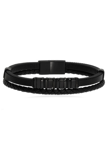 Erkek Çelik Detay Siyah Renk Deri Bilekllik Siyah