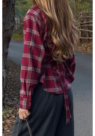 Kahverengi Bağlama Detaylı Ekoseli Gömlek - 25250 Kahverengi