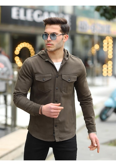 Haki Renk Kapüşonlu Kot Ceket-1448 Haki