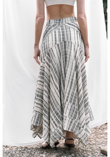 Peigi Çizgili Parçalı Siyah Midi Etek Siyah