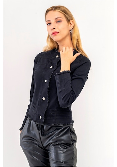 Bold & Young Kadın Yağ Yeşili Power Strech Çıt Çıtlı Slim Fit Denim Ceket Siyah