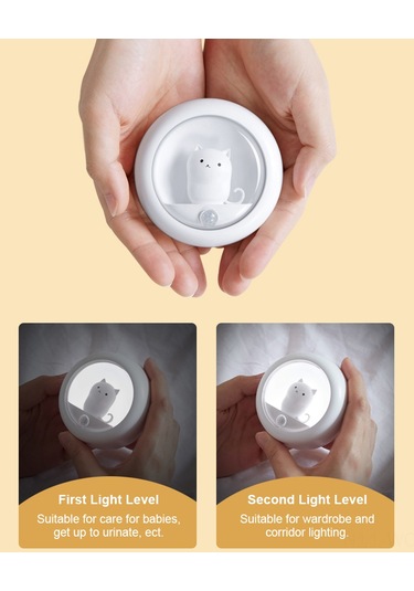 Neevoyu Kedi Desenli Entegre Sensörlü Gece Lambası - Usb Şarjlı, Sürekli/sensör Işık Modu, Duvar/üst/asma Montaj, Zirve/orta Işık Seçeneği Beyaz