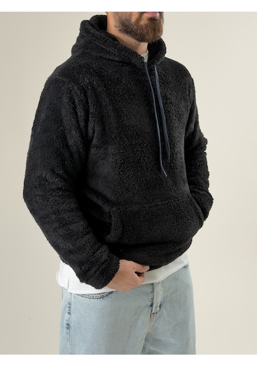 Cocopelli Erkek Kapüşonlu Siyah Peluş Sweat Coc2593 Siyah