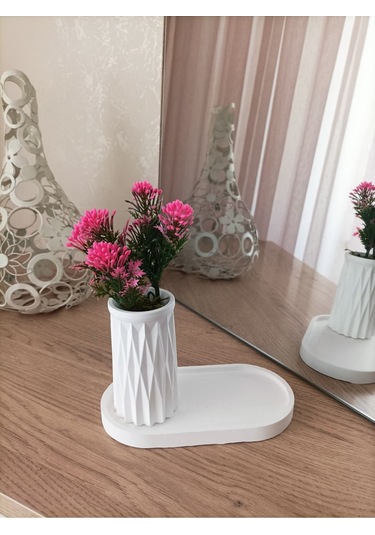 Mini Desenli Beton Saksı Tekli Ve Oval Tabak - Yapay Çiçek Hediyeli - Pembe