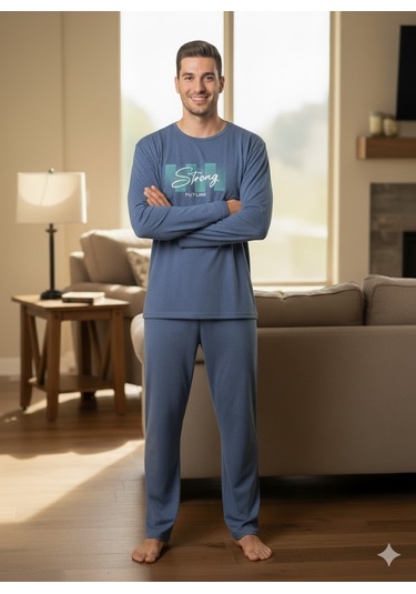 Erkek Mavi Uzun Kol Pijama Takım Açık Mavi