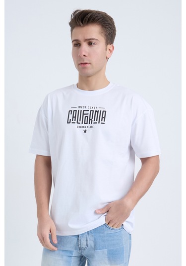 Erkek Oversize Baskılı T-shirt Beyaz California Beyaz