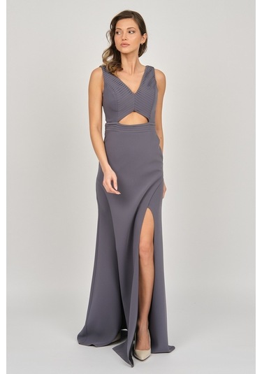 Doridorca Kadın Derin Yırtmaçlı Uzun Abiye Elbise 5927010 Gri Gri