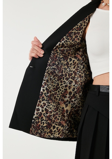 Lela Standart Fit Mono Yaka Desenli Astar Detaylı Blazer Bayan Ceket 6524003 Siyah