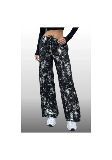 Kadın Varak Baskılı Siyah Renk Mevsimlik Beli Lastikli Geniş Paça Pantolon Siyah