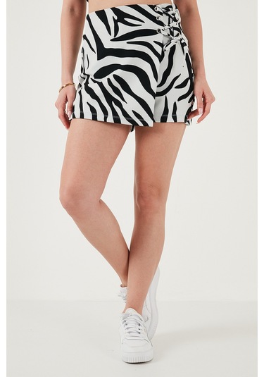 Lela Desenli Slim Fit Yüksek Bel Bağlama Detaylı Bayan Şort Etek 5865358 Siyah