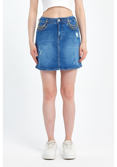 Explode - Kadın Mavi Likralı Yıpratmalı Mini Kot Etek-mavi Mavi