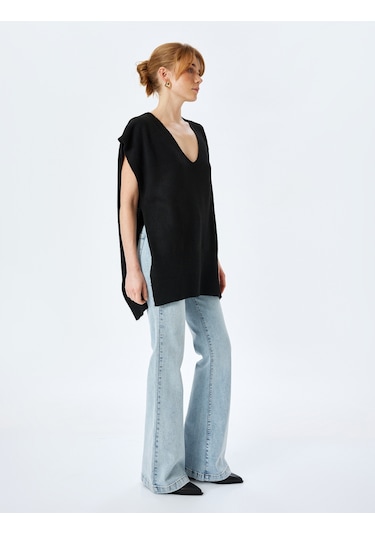 Koton Yanları Yırtmaçlı V Yaka Oversize Süveter Siyah 5wak20078ht Siyah