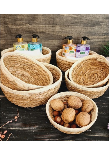 Nergis Hasır 7 Li Sepet Saklama Kutusu Sepet Takımı Krem