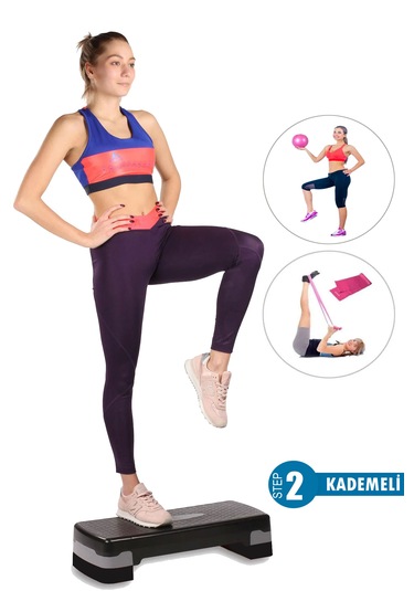 2 Kademeli Kaymaz Taban Step Tahtası + Denge Topu + Pilates Bandı