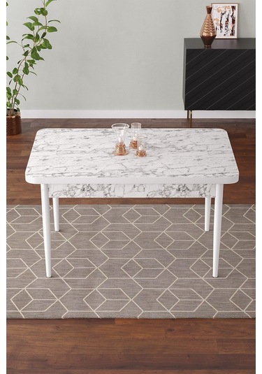 Life 70x110 Mdf Masa Metal Ayaklı Sabit Üst Kalite Mutfak Masası Yemek Odası Masası Salon Masası Beyazmermer