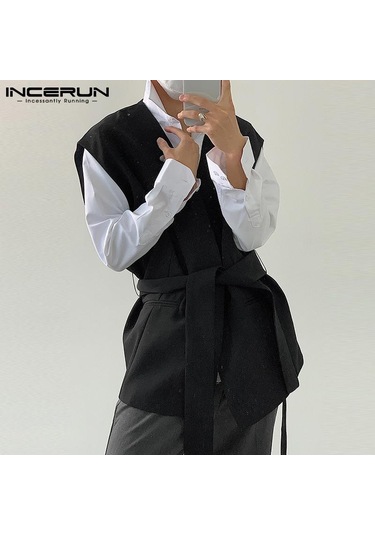 Incerun Erkek Moda Kolsuz Yelek Kemerli Üstler Açık Ön Hırka Düz Renk Yelek Bluz Siyah