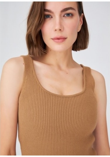 Peraluna Krop Fit Kadın Triko Atlet Camel Camel