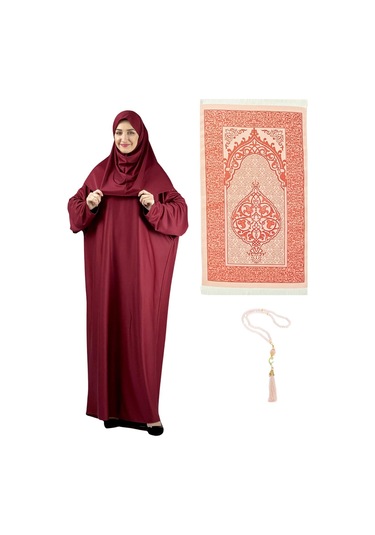 Namaz Elbisesi Eşarp Seccade Tesbih Set, İslami Giyim Takım Ferace Turban Şal Kırmızı