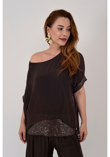 İtalyan Yarasa Kollu Payetli İpek Bluz-9248 Kahverengi